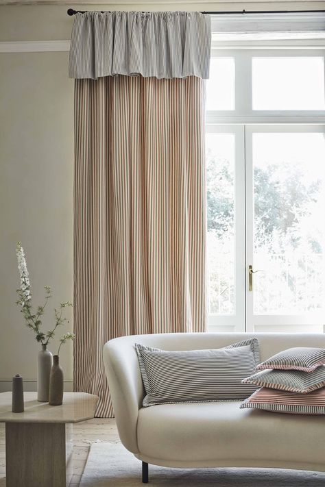 Ticking Stripe Curtains and Cushions in Living Room Red Stripe Curtains, Two Tone Curtains Living Room, Blind And Curtains Together, Striped Curtains Living Room, Ticking Curtains, Pinstripe Curtains, Two Tone Curtains, Blinds And Curtains Together, Ticking Stripe Curtains