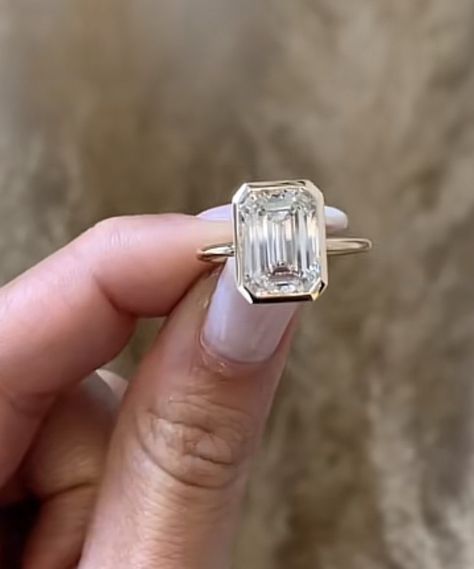 Flat Emerald Cut Engagement Ring, Pretty Unique Engagement Rings, Bezel Set Engagement Ring Platinum, Bezeled Emerald Ring, Bevel Setting Engagement Ring, Emerald Bezel Engagement Ring Silver, Moisannite Engagement Rings Emerald, Floating Engagement Ring Setting, Bezel Set Emerald Cut Diamond Ring