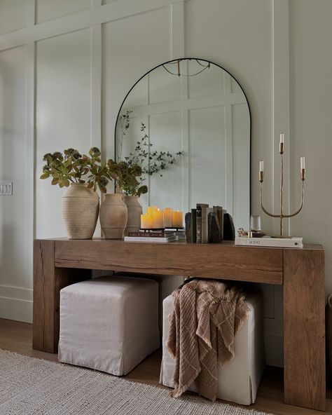 Entryway console table stills 🍂fall transition🍂 You are loving this entryway table refresh with my new oversized floor mirror and affordable stems 🍂 Comment SHOP and I’ll send you the links 🤍🤍 SAVE and SHARE this styling inspiration and FOLLOW @white.at.home for more daily home inspo and finds! #falldecor #fallfinds #entryway #consoletable #homedecor California Modern Entryway, Hallway Console Table And Mirror, Hallway Mirror And Table, Rattan Console Table Decor, Organic Entry Table, Entryway Desk Decor, Thick Console Table, Front Door Bench Entryway Mirror, Large Mirror In Entryway