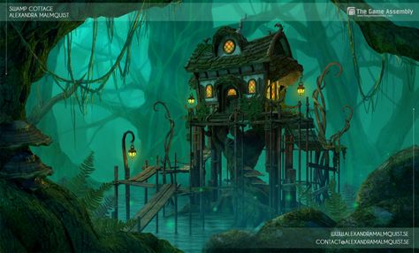 Swamp Cottage, Perspective Ideas, Voodoo Child, Art Environment, Jungle Tree, Forest Cottage, Heroic Fantasy, Landscape Concept, Fantasy House