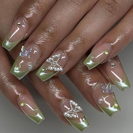 #affiliate #ad @amazon green press on nails, st pattys day nails, spring nails, easy nail art, butterfly nail art ideas, cute nails, trendy nail art Fake Acrylic Nails, Green Acrylic Nails, Ballet Nails, French Tip Acrylic Nails, Coffin Press On Nails, Nail Art Set, Ballerina Nails, Butterfly Nail, Prom Nails