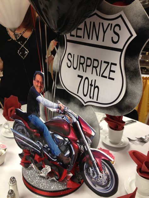 centerpieces and a fabulous sign in board... Motorcycle Centerpiece Ideas, Motorcycle Party Ideas, Happy Birthday Biker, 50th Birthday Centerpieces, Harley Davidson Birthday, Motorcycle Party, Biker Party, Motorcycle Birthday, 40th Anniversary Party