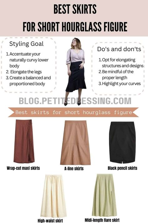 Skirt Lengths For Short Women, Short Torso Hourglass Outfits, Light Summer Hourglass Outfits, Skirts For Curvy Figures, Petite Hourglass Work Outfits, Skirts For Hourglass Figures, High Fashion 2023, Skirts For Hourglass Shape, Petite Hourglass Figure Outfits