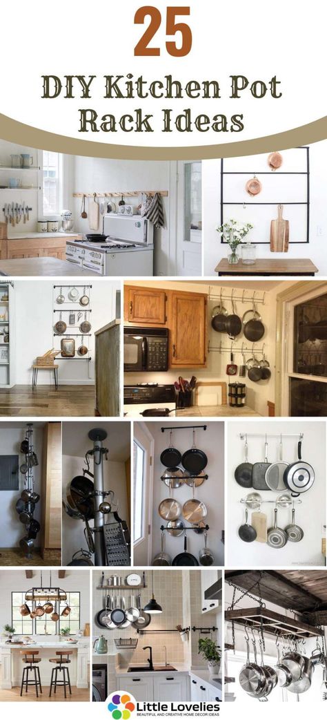 25 DIY Pot Rack Ideas - Easy Ways To Organize Pots And Pans Pot And Pan Storage Ideas Space Saving, Pot Rack Ideas, Pan Rack Hanging, Diy Pot Rack, Organize Pots And Pans, Rustic Pot Racks, Pan Storage Diy, Kitchen Cabinet Organization Layout, Pot Rack Kitchen