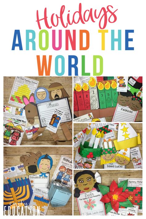 Teach your students about the history and cultures behind the holidays with these engaging activities about holidays around the world. Christmas Cultures Around The World, Holidays Around The World Toddler Crafts, Montessori Holidays Around The World, Holidays Around The World Sensory Bin, Pre K Holidays Around The World, Winter Holidays Around The World Bulletin Board, Holidays Around The World Activities For Toddlers, Winter Holidays Around The World Preschool, Holiday Around The World Bulletin Board