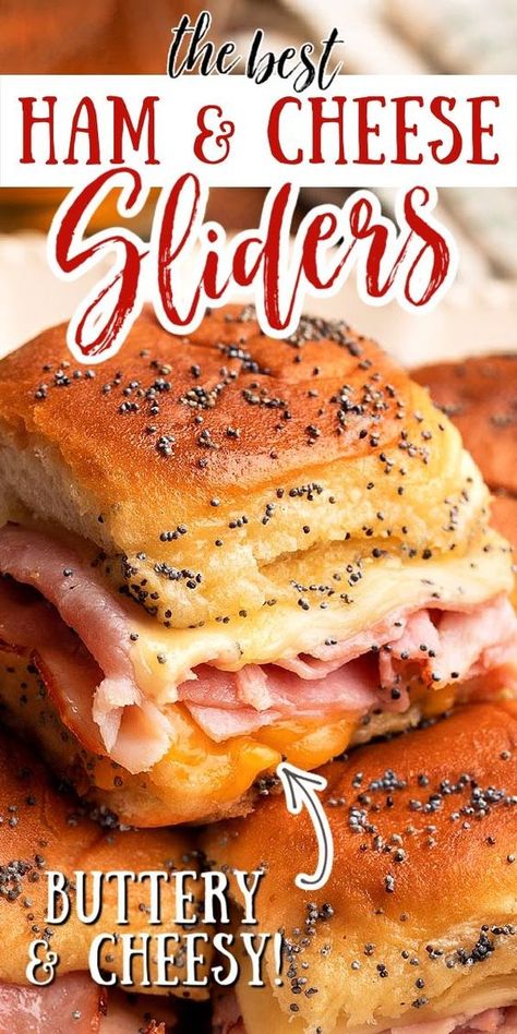 Make the ultimate game day appetizer with these Baked Ham and Cheese Sliders. These delicious bites are stacked on Hawaiian rolls with a Dijon mustard and mayo spread, and baked to perfection in a buttery poppyseed sauce. Perfect for any casual party, these sliders are a must-try among easy appetizer recipes. Baked Ham Sliders, Ham And Cheese Sliders Hawaiian, Recipes With Hawaiian Rolls, Ham Sliders Recipes, Baked Ham And Cheese Sliders, Hawaiian Roll Sandwiches, Sliders Recipes Hawaiian Rolls, Hawaiian Buns, Easy Slider Recipes