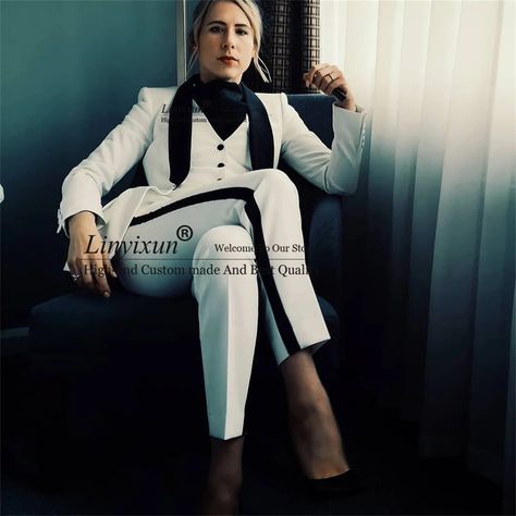 74.34US $ 38% OFF|Black Peaked Lapel White Women Suits Smoking Business Lady 3 Pieces Set Jacket Pants Vest Mother Of Bride Blazer Брючные Костюмы - Pant Suits - AliExpress Women Tuxedo Outfit, Bride Blazer, Womens 3 Piece Suit, Wedding Pants, Business Lady, Black And White Suit, Tuxedo Women, Women Suits, White Tuxedo