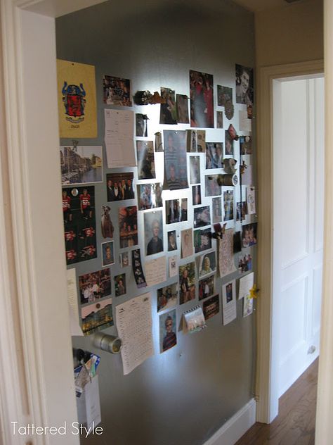 As promised, I wanted to share with you something I've affectionately dubbed my magnetic "Life Board." A few years ago I wante... Metal Sheet Wall, Groutless Tile, Metal Magnet Board, Sheet Metal Wall, Travel Magnets, Magnet Wall, Bandsaw Projects, Merchandising Ideas, Diy Magnets