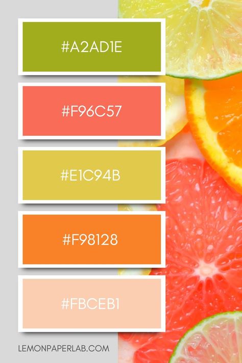 Bright Green, Coral, Yellow, Orange and Apricot Color Palette Bright Citrus Color Palette, Citrus Paint Colors, Lime Green Complementary Color, Muted Citrus Color Palette, Key Lime Color Palette, Chartreuse Colour Palette, Coral Green Color Palette, Citrus Color Scheme, Color Palette Chartreuse