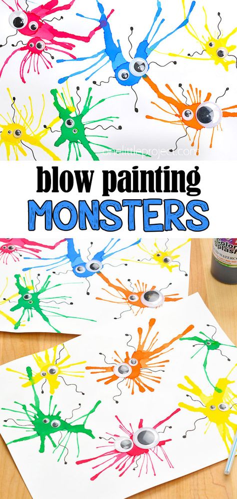 Monster Blow Painting with Straws | Blow Paint Monsters Craft Blow Paint Monsters, Crafts 3 Year, Monster Blow Painting, Diy Preschool Crafts, Color Mixing Crafts For Preschool, Fun Art For Preschoolers, Pre K Painting Activities, Messy Preschool Activities, Kids Crafts Age 2-3