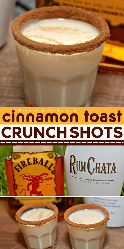 Looking for a simple winter drink recipe? Try these easy-to-make Cinnamon Toast Crunch Shots! You only need 2 ingredients, and you are good to go. Just combine a little Rumchata with Fireball and this mix is a perfect alcoholic Christmas drink you can enjoy with your family! Rumchata Cinnamon Toast Crunch, Cinnamon Toast Shots, Kahlua And Rumchata Drinks, Frozen Rumchata Drinks, Simple Rumchata Drinks, Bye Drink Ideas, Easy Alcoholic Mixed Drinks, Drinks With Fireball Recipes, Rum Chata Drinks Easy