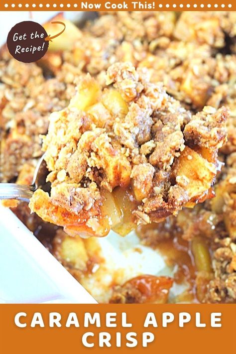 This easy homemade Caramel Apple Crisp is the perfect fall dessert! It's got warm, soft apples with cinnamon and caramel topped with a buttery, crisp oat streusel, and is so good topped with vanilla ice cream (and more caramel!). Get the recipe and give it a try! Apple Crisp With Rolled Oats, Apple Caramel Cobbler, Carmel Apple Crumble Recipe, Caramel Apple Crisp Recipe With Oats, Caramel Apple Crunch, Apple Crisp With Caramel Drizzle, Honey Crisp Apple Dessert Recipes, Apple Crisp With Nuts Recipe, Apple Caramel Crisp Recipe