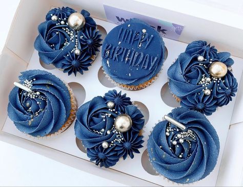 Cupcakes For Mens Birthday Ideas, Navy Blue And White Cupcakes, Blue And Silver Cupcake Ideas, 21st Cupcakes For Guys, Blue Gold Cupcakes, Blue Birthday Cupcakes For Women, Cupcake For Men Birthday, Blue Cupcakes For Men, Navy Blue Treats