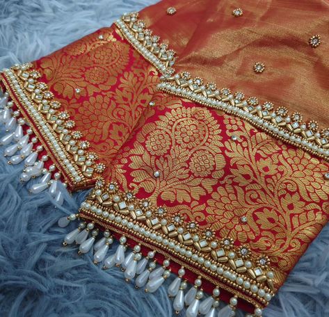 😊 Simple Bride Blouse Designs, Blouse Designs Brides Wedding, Bridal Designer Blouse, Hanging Beads Blouse Design, Sleeves Designs For Dresses Indian, Hanging Beads Work On Blouse Sleeve, Blouse With Hanging Beads, New Sleeves Designs For Blouse, Red Blouse Work Designs Pattu