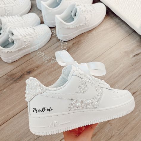 Bride Air Force Ones, Wedding Sneakers For Bride, Bride Sneakers, Wedding Shoes Sneakers, Comfortable Bridal Shoes, Reception Shoes, Bride Heels, Blue Gold Wedding, Bridal Sneakers