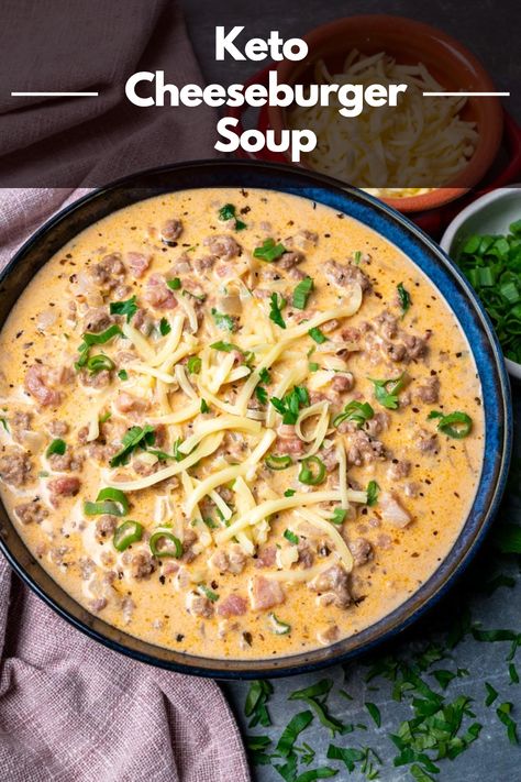 Warm up with this Comforting Keto Cheeseburger Soup. It's the perfect blend of cheesy goodness and hearty ingredients, all while keeping it keto-friendly. Healthy Keto Soups, Keto Friendly Creamy Soups, Keto Soup Easy, Creamy Keto Soup Recipes, Keto Pepper Soup, Best Keto Soups, Easy Keto Soup Recipes Crock Pots, Quick Keto Soup, Easy Cheese Burger Soup