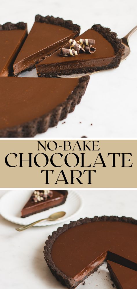 Happy Valentine's Day!! In case you're wondering, the way to my heart is through CHOCOLATE!! 🍫 This incredibly easy, no-bake chocolate tart is made with a simple Oreo crust and rich chocolate ganache filling made with both milk and dark chocolates. You won’t be able to eat just one piece! No Bake Tart Crust, Chocolate Tart Cake, No Bake Chocolate Tart Recipe, Tart Recipes Chocolate, No Bake Chocolate Desserts Easy, Easy Tarts Desserts, Thanksgiving Desserts Chocolate, Dark Desserts, Gluten Free Chocolate Tart