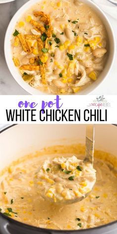 This White Chicken Chili is ultra thick and creamy, with shredded chicken, white beans and corn and just the right amount of spice! Make ahead and freezer friendly, perfect for pantry cooking. #chili #chicken #chickenbreast #dinner | easy chicken recipes | chicken dinner | easy dinner ideas | soup recipe | pantry meals | pantry cooking White Chicken Chili Slow Cooker Cream Cheese, Dinner Ideas Leftover Chicken, White Chicken Corn Chili, White Bean Chicken Chili With Cream Cheese, Canned Chicken White Chili, White Chili Soup Recipes, Cooked Chicken Soup Recipes, Shredded Chicken Recipe Ideas, Soup Shredded Chicken