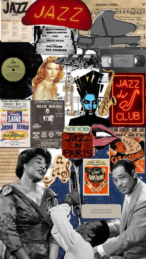 JAZZ #jazz #oldies #ellafitzgerald #louisarmstrong #jazzy #music #art 1940s Jazz Aesthetic, 20s Jazz Aesthetic, Collage Art Music, Jazz Wallpaper Aesthetic, Funk Music Aesthetic, 1920s Art Deco Posters Jazz Age, Jazzy Wallpaper, Jazz Singer Aesthetic, Jazz Aesthetic Wallpaper