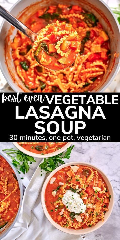 Warm up your dinner routine with this fast and filling Vegetable Lasagna Soup. Brimming with fresh vegetables and topped with a velvety blend of ricotta and mozzarella, this soup brings the comforting taste of lasagna to your table in just 30 minutes. It's a cozy, nutritious option for those evenings when you need a quick yet delicious meal. Vegetarian Lasagna Soup, Soup With Zucchini, Easy Vegetable Lasagna, Best Breakfast Casserole, Lasagna Soup Recipe, Fast Dinner, Traditional Lasagna, Veggie Lasagna, Vegetarian Lasagna