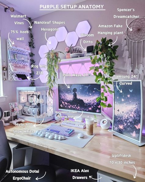 Pretty in purple 🎐 I think I need to find me a white or lilac gaming chair 🤔 any recommendations? 🪻 desk setup | room | setup style | minimalist | pc setup | gamer girl | brown desk | purple #cozysetup #fyp #cutesetup #deskspace #deskaesthetic #deskinspo #desksetups #deskgoals #workdesk #deskgram #deskview #gamingsetup #setupinspiration #pcsetup #dreamsetup #setupgoals #cozygaming #purple #aesthetic #hytey70 Purple Game Room Aesthetic, Feminine Pc Setup, Computer On Desk Aesthetic, Pretty Chairs For Desk, Art Tablet Desk Setup, Small Gaming Pc Setup, Gaming Setup Dark Aesthetic, Purple Interior Design Office, Gamer Desk Setup Aesthetic