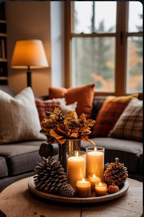 Fall Decorated Apartment, Interior Autumn Decor, Fall Kitchen And Living Room Decor, Autumn Home Decor Minimalist, Living Room Fall Aesthetic, Fall Vibes Living Room, Fall Decor Ideas For An Apartment, Fall Living Room Decor With Grey Couch, Modern House Fall Decor