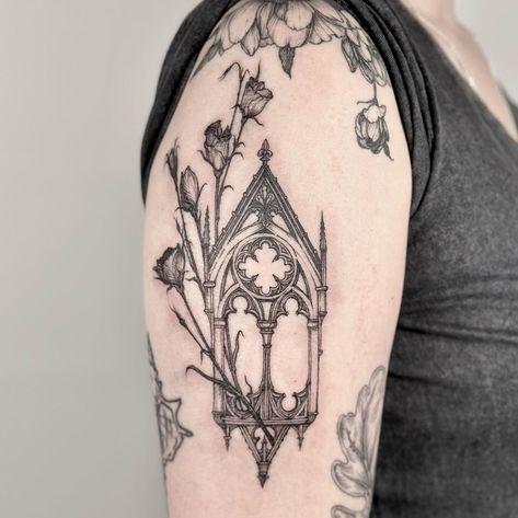 • ⚜️ new one • for @wet_hedgehog • Done at @thechamberberlin | Instagram Gothic Ornament Tattoo, Gothic Cathedral Tattoo, Victorian Gothic Tattoo Ideas, Gothic Windows Tattoo, Gothic Architecture Tattoo, Cathedral Tattoo, Window Tattoo, Victorian Tattoo, Stained Glass Tattoo