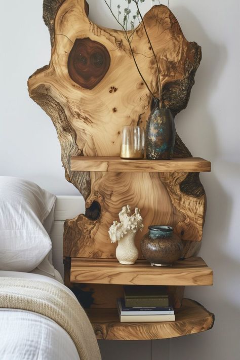 Infuse nature into your bedroom with this creative shelving unit made from sculpted wood, a refreshing bedside table idea. For more natural decor tips, read our article and follow us for eco-friendly home solutions! Creative Bedside Table, Creative Shelving, Natural Decor, Japanese Zen, Wooden Shelf, Wood Home Decor, Into The Woods, Home Design Decor, Decor Tips