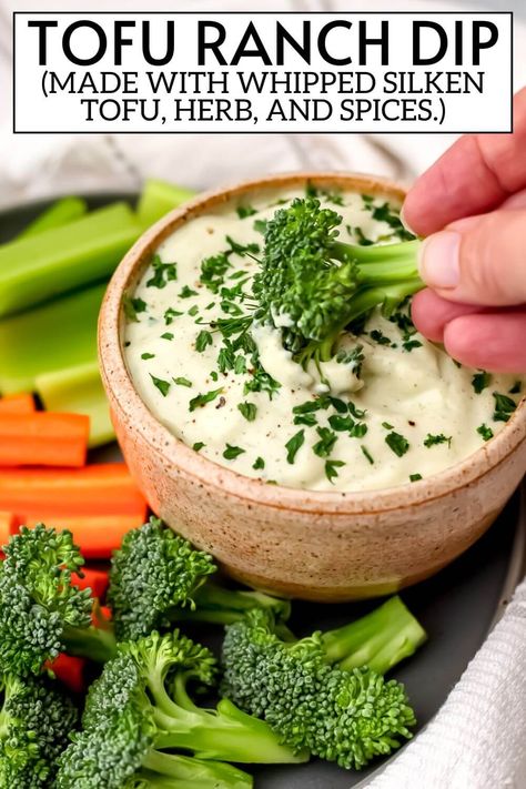 This quick and easy tofu dip is made from a block of silken tofu, herbs, and spices, blended into a rich and creamy vegan ranch dip.  This dip will make veggies disappear, plus it's gluten-free, dairy-free, low-fat, and high in protein. thehiddenveggies.com Vegan Yogurt Dip, Silken Tofu Dip Recipes, Sauces Made With Silken Tofu, Vegan Vegetable Dip, Tofu Dip Recipes, Hidden Tofu Recipes, Vegan Spreads And Dips, Tofu Dips, Vegan Dips For Parties