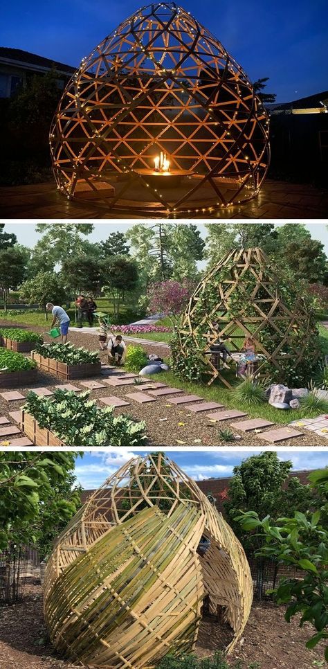 Bamboo Decor Ideas Outdoor, Bamboo Structure Design, Bamboo Outdoor Ideas, Building With Bamboo, Bamboo Crafts Garden, Bamboo Structure Architecture, Diy Bamboo Decoration, Bamboo Roof Design, Community Design Architecture