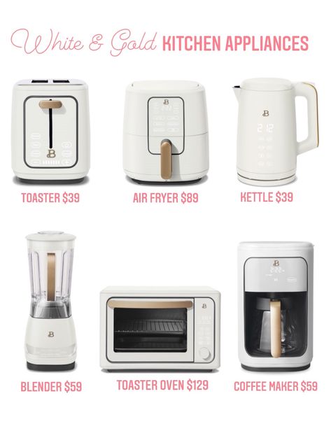 New Arrivals: Beautiful White and Gold Small Kitchen Appliances – The Decor Diet White Gold Appliances, Electric Kitchen Appliances, White Gold Kitchen Appliances, Silver And Gold Appliances, White Kitchen Appliances Aesthetic, Kitchen With White And Gold Appliances, Cream Appliances Kitchen, Kitchen Small Appliances, White Gold Kitchen Decor