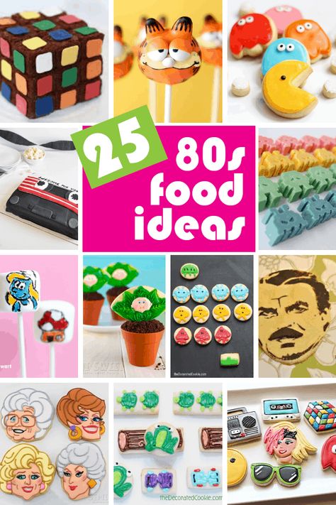 A roundup of 25 '80S PARTY FOOD IDEAS. Fun food ideas for your '80s party, with Rubik's cube, Golden Girls, Pac-Man, mixed tapes, Atari... 80s Party Food, 80s Snacks, 80s Party Foods, Prom Food, 1980s Food, 80s Food, Fun Food Ideas, Decades Party, Theme Snack