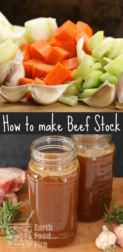 Learn how to make beef stock and broth at home. A simple recipe, full of health benefits, stock is used in soups, sauces, and many other recipes. via @earthfoodfire Soup Recipes Beef, Beef Stock Recipes, Homemade Beef Broth, Diet Soup, Diet Soup Recipes, Stock Recipes, Bone Broth Recipe, Recipes Beef, Broth Recipes