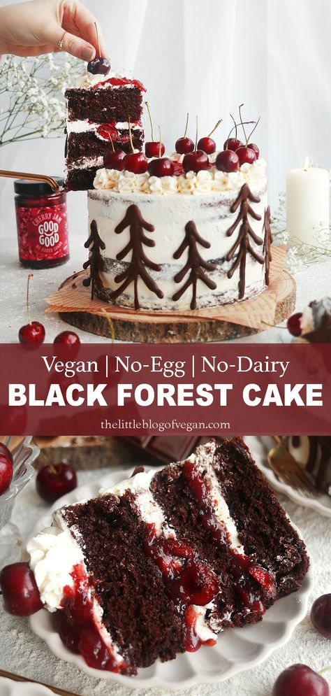 Tall Pinterest pin of vegan black forest cake Gluten Free Black Forest Cake Recipe, Black Forest Christmas Cake, Vegan Christmas Cake Recipe, Winter Forest Cake, Vegan Christmas Cake, Black Forest Cake Easy, Black Forest Cake Recipe, Caramel Apple Cake, Vegan Caramel