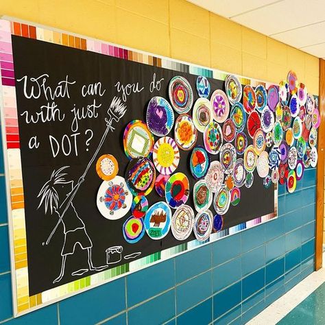 1st Grade Crafts, Art Bulletin Boards, School Hallway, Collaborative Art Projects, Preschool Bulletin, School Displays, Dot Day, The Dot, Collaborative Art