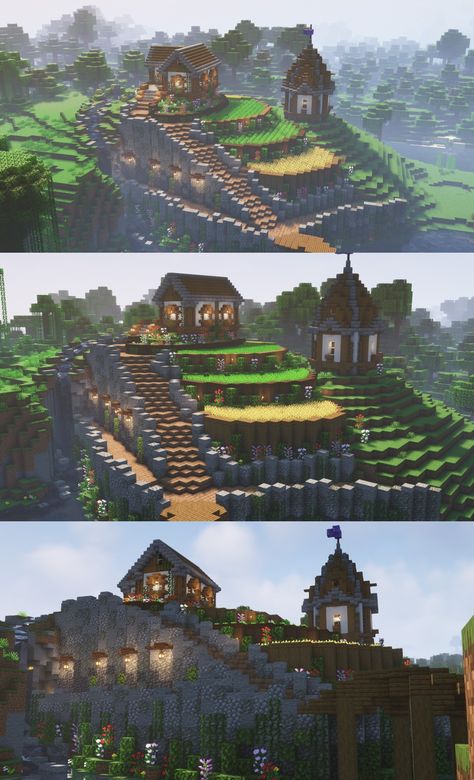 Mountaintop Minecraft Houses, Minecraft Headquarters Build, Cliff House Minecraft Aesthetic, Mountain Building Minecraft, Staircase Up Mountain Minecraft, Minecraft Hill Base Ideas, Minecraft Mountain Top House Ideas, Hill Top Minecraft House, House On Cliff Minecraft