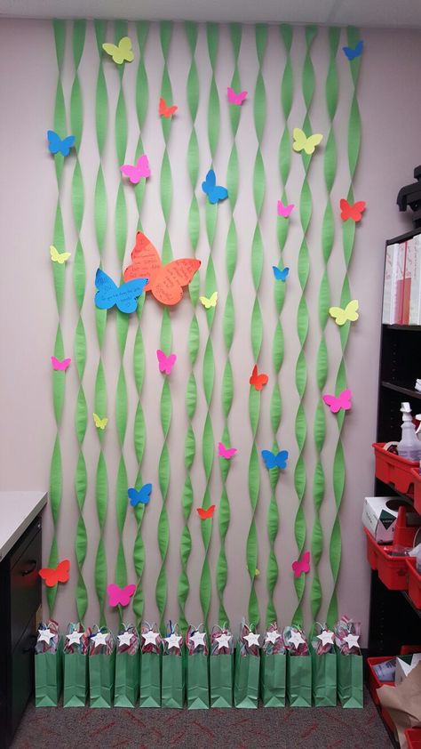 Decorated the office for my coworkers. A butterfly accent wall to thank them for working so hard to transform the store. Spring Work Decorations, Kindergarten Decorations Wall Ideas, Easter Hallway Decorations School, Office Spring Decor, Spring Office Decorations Diy, Classroom Butterfly Decor, School Office Wall Decor Ideas, Butterfly Classroom Decorations, Spring Wall Decor Classroom