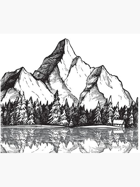 "Scenic Mountain with Reflection in Lake Water // Snowy Mountains Mountain Range Drawing" Tapestry by MagneticMama | Redbubble Water, Trees, Drawing Of Mountains, Mountains Drawing, Mountains And Trees, White Drawing, Black And White Drawing, Ink Drawing, Black And White