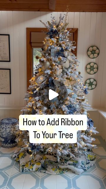 Christina on Instagram: "Adding dimensional wired ribbon to a Christmas tree is a great way to bring in more sparkle and fullness, and give it a designer touch. I like to pick two ribbons for my tree, one that’s sparkly and one that is textural. Save this video for when you’re ready to decorate, but don’t wait to long to shop for your ribbon, it does sell out quickly, and it doesn’t get restocked. My tree is a @kingofchristmas 7.5’ queen flock, what other questions do you have about decorating this year?" Christmas Bling Decorations, Christmas Tree With Wide Mesh Ribbon, How Do You Add Ribbon To A Christmas Tree, Real Christmas Tree Ribbon, Droopy Christmas Tree, How To Decorate A Christmas Tree With A Ribbon, Christmas Tree With Flowers And Ribbon, Christmas Tree With Ribbon Waterfall, Memory Christmas Tree Decorating Ideas