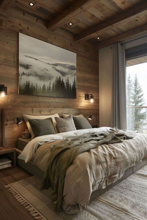 Mountain Aesthetic Bedroom, Earthy Bedroom Decor Ideas, Modern Rustic Decor Bedroom, Cozy Forest Bedroom, Grey Floor Bedroom Ideas, Green Bedroom Dark, Master Bedrooms Cozy, Cozy Cabin Bedroom Ideas, Lake Bedroom Ideas