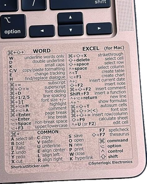 Amazon.com: Synerlogic for Mac Word & Excel Shortcuts Cheat Sheet Sticker | Quick Reference Keyboard Shortcut Stickers | Word Excel Shortcuts Sticker Mac Book Air/Pro/iMac/Mac/Mini (Clear/Black) : Electronics Excel Shortcuts Cheat Sheets, Note Fonts, Excel Shortcuts, Mac Book, Keyboard Shortcuts, Mac Mini, Cheat Sheet, Cheat Sheets, Macbook Air