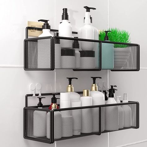 Corner Shelves Kitchen, Black Wall Shelves, Bathroom Corner Shelf, Bathroom Shelf Organization, Wall Mounted Bathroom Storage, Bilik Air, Toilet Shelves, Matte Black Bathroom, Shower Storage