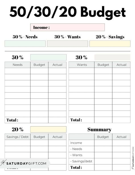 50/30/20 Rule Budget Planner Template - Free Printable in Pastel Colors | SaturdayGift Budget Planner Journal, Budget Finances Printables, Budget Chart Templates, 50/30/20 Budgeting, Free Pdf Budget Template, Budget Planner 50/30/20, 503020 Budget Template, Apartment Budget Template, Budgeting Finances 50/30/20