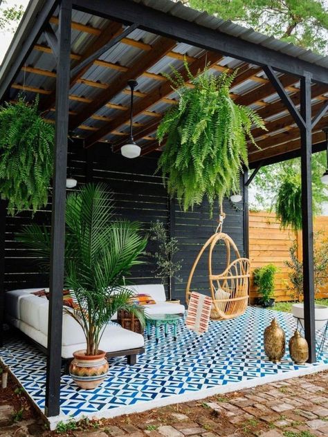 This is among great outdoor room pergola design ideas. Color the pergola black and have a patterned floor. To add color and life to the pergola by having a white sofa with multi-colored cushions. Hang a swing for creating a more relaxing space. Outdoor Patio Designs, Pergola Design, Backyard Pergola, Terrace Design, Pergola Patio, Pergola Designs, Backyard Patio Designs, Patio Area, Small Backyard Landscaping