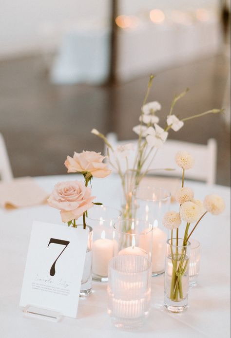 Minimal Flowers Wedding Decor, Small Flower Vases Wedding, No Flowers Wedding Centerpieces, Bud Vases And Votives Wedding Centerpiece, Basic Centerpieces Wedding, Simple Wedding Reception Round Table Decor, Simple Modern Centerpieces Wedding, Simple Flower Table Decor, Cheap Centre Pieces