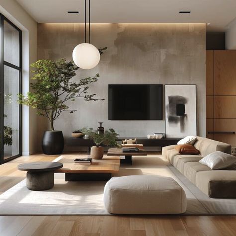 Modern Decor Style, Tv Near Window Living Rooms, Japandi Interior Living Room, Japandi Grey Living Room, Living Room Tv Wall Japandi, Grey Japandi Living Room, Japandi Living Room With Fireplace, Japandi Living Room Tv Wall, Living Room With Light Grey Walls