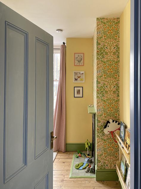 Inside Fashion Stylist and Kipper Founder Sarah Corbett-Winder’s London Home Yellow Kids Rooms, Edward Bulmer, Natural Paint, Colorful Kids Room, Pleat Curtains, Yellow Nursery, Yellow Curtains, Yellow Room, Chimney Breast