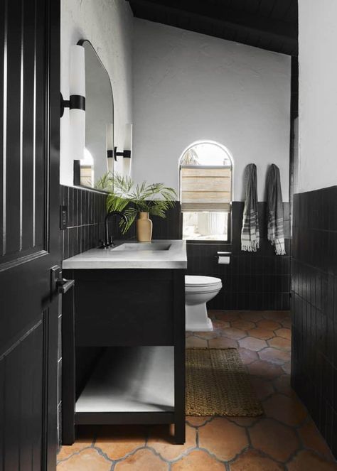 Bobby Berk Queer Eye Designer Airbnb Collab with Paula Berk Moroccan Tile Bathroom, Pink Tile Bathroom, Brick Bathroom, Midcentury Modern Bathroom, Moroccan Bathroom, Bobby Berk, Fireclay Tile, Glass Brick, Black Brick