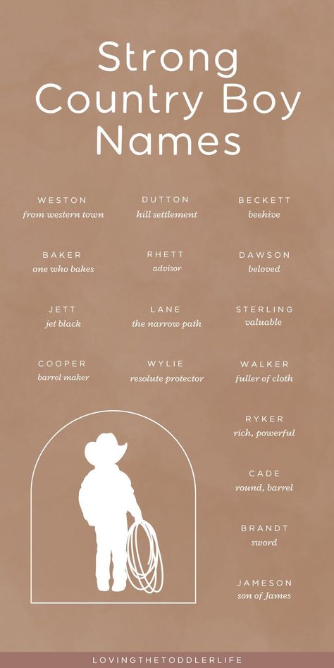 Searching for unique baby names? These cute baby names are totally trendy, yet still classic, and so many of them are still *super* undiscovered! Explore our entire baby names list of cowboy baby names - I bet you'll be surprised! Cowboy Names For Boys, Cowboy Baby Names, Country Baby Boy Names, Nature Girl Names, Bohemian Baby Names, Baby Names List, Western Baby Names, Country Boy Names, Short Boy Names