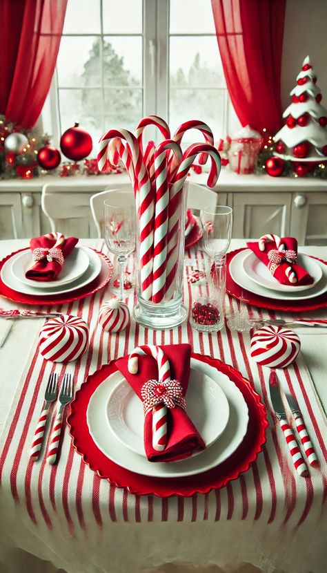 🎄 21 Stunning Christmas Table Decoration Ideas You Must Try This Holiday Season 🎅✨ Red And White Christmas Decor Table Centerpieces, Cane Kitchen, Christmas Inn, Candy Cane Christmas Decorations, Ranch Christmas, Cane Decorations, Theme Tree, Striped Tablecloth, Christmas Tables